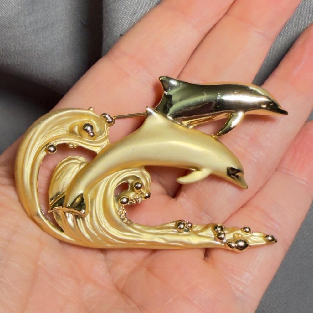 AJC Dolphin Brooch Ocean Wave Figural Gold Tone Pin 2.75”
